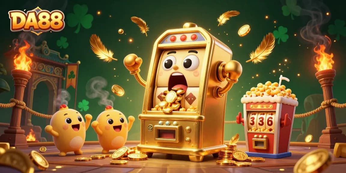 DA88 shows a golden slot machine winning as coins overflow, amid cheering mini machines.