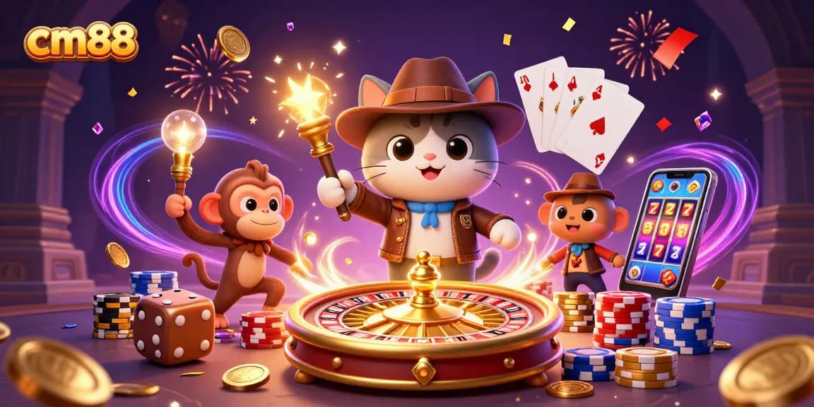 Experience thrilling moments at cm88 with a 3D cat explorer discovering golden casino treasures.