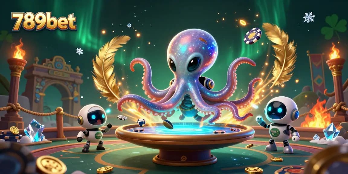 Engage with 789bet in this thrilling 3D casino illustration featuring an alien octopus at a holographic poker table.
