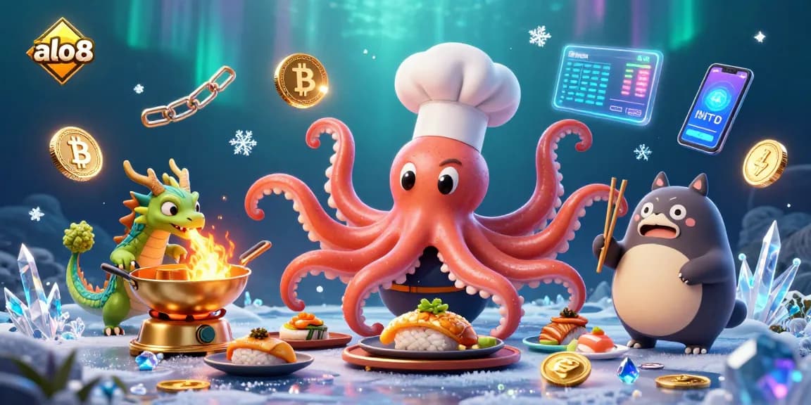 Experience the vibrant world of alo8 casino with an octopus chef, dragon, and gaming elements.