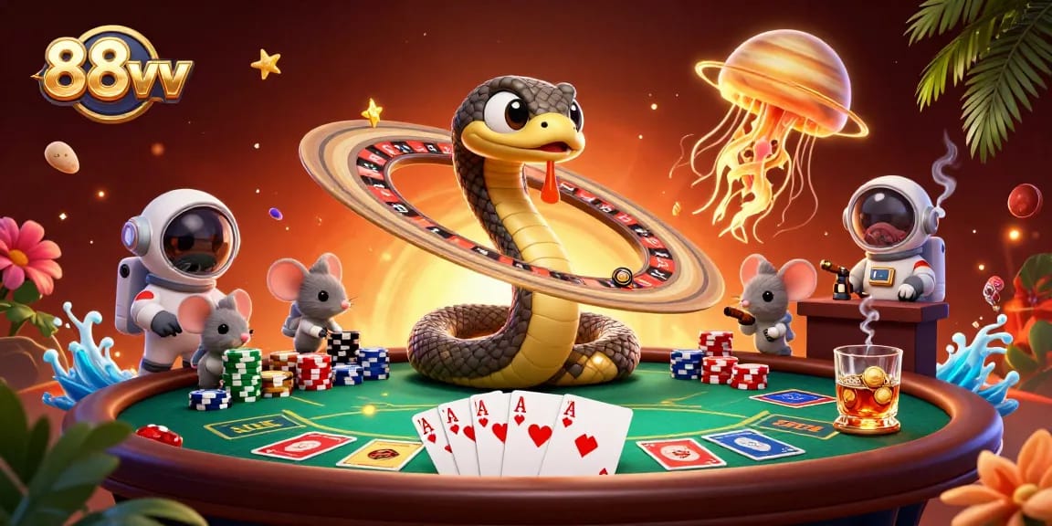 Place your bets in a cosmic setting with 88vv's whimsical casino design, a fun alternative gaming experience.