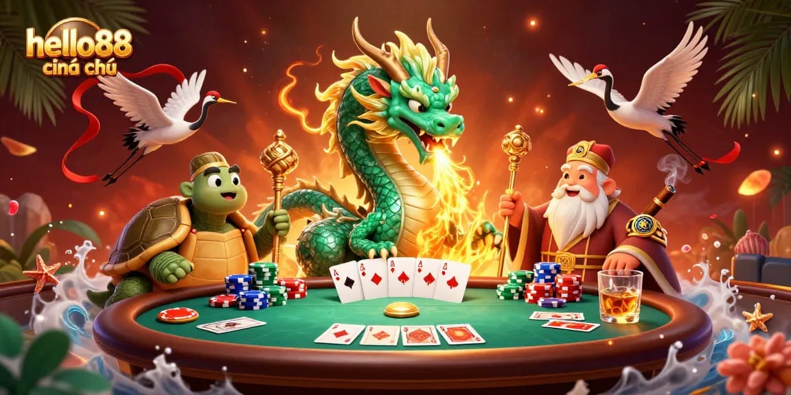 Experience thrilling gaming with hello88 chính thức as a 3D dragon and turtle sage celebrate big wins.