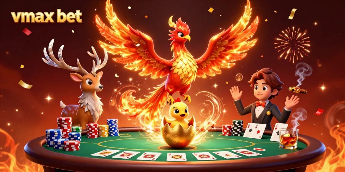 Join the action at vmax bet with a vibrant scene showcasing poker chips, a phoenix, and festive decorations.