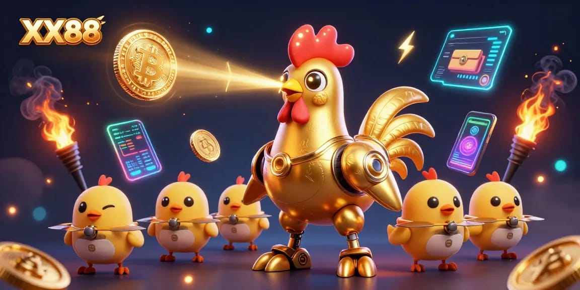 Experience the excitement of XX88 with a dynamic golden rooster robot in a vibrant casino environment.