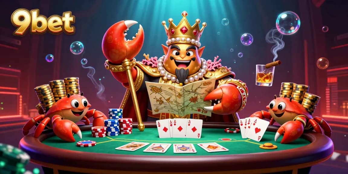 Experience the thrilling world of 9bet with a vibrant 3D scene showcasing golden crab emperor and poker action.