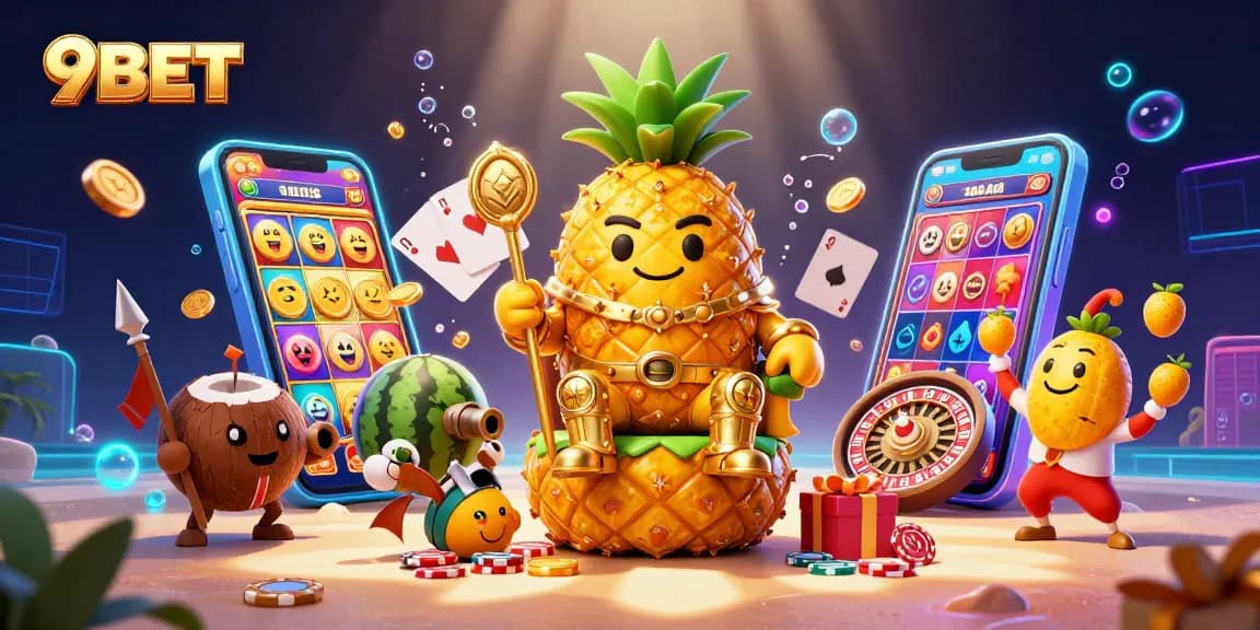 Experience the excitement at 9BET with vibrant gaming elements and colorful characters in a tropical casino scene.