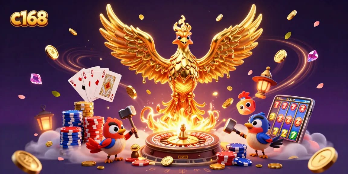 Experience the excitement of c168 with a golden phoenix, coins, and vibrant casino elements.