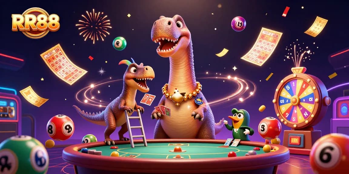 Experience the excitement of RR88 with a vibrant 3D digital casino scene filled with dynamic gaming elements.