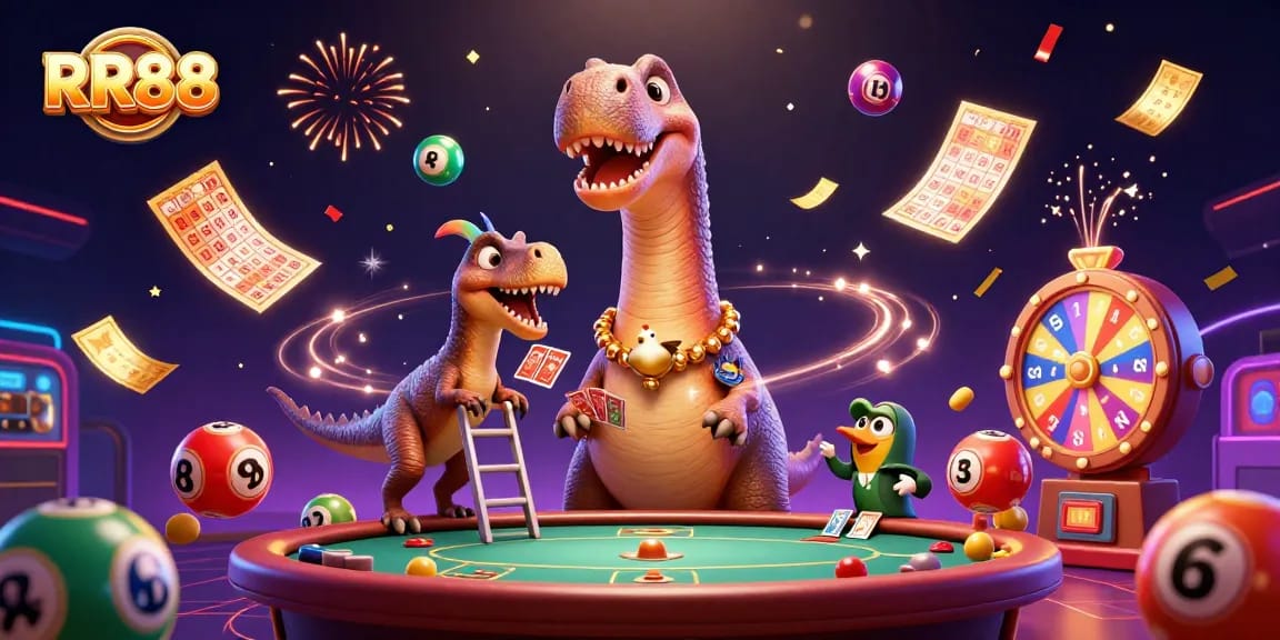 Experience the excitement of RR88 with a vibrant 3D digital casino scene filled with dynamic gaming elements.