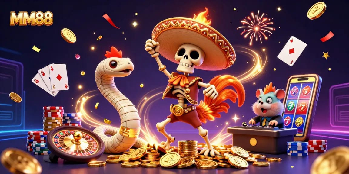 Experience the thrill of MM88 with vibrant casino characters celebrating amidst gold coins and a lively atmosphere.