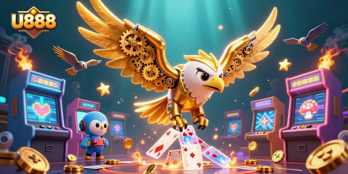 U888 players engage with colorful 3D arcade games and vibrant golden elements in a thrilling casino scene.
