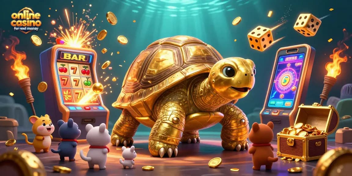 Engaging scene with a colossal golden tortoise at an online casino for real money, surrounded by lively game elements.