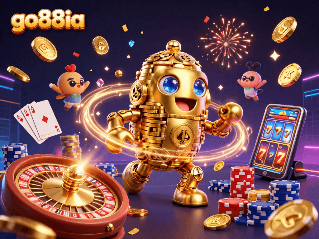 Win big with go88ia: vibrant 3D casino scene featuring golden golem and exciting game elements.