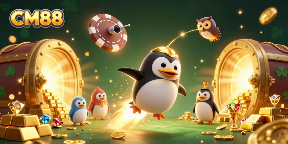 Experience CM88's thrilling casino universe with a golden penguin and treasures galore.
