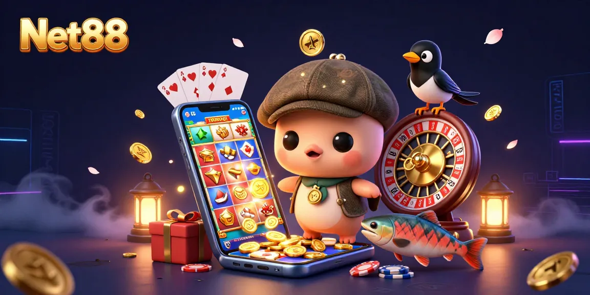 Illustration of Net88 featuring a playful Nessie, a gold-obsessed magpie, and tartan salmon among casino games.