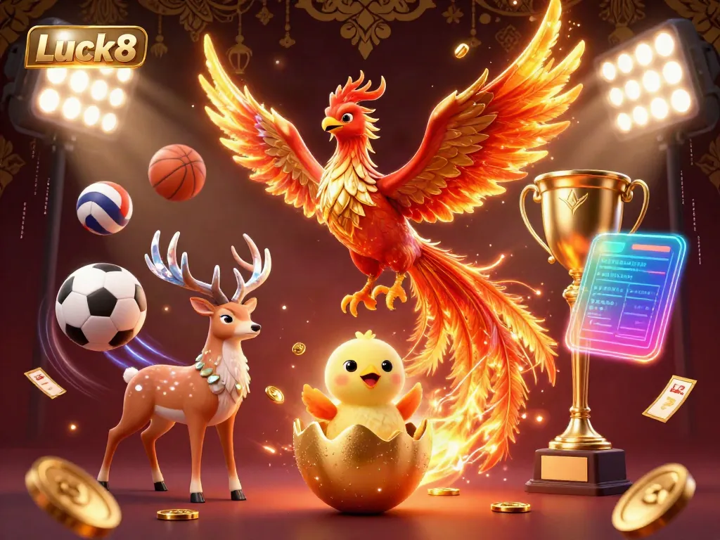Luck8 features a vivid scene with a fire phoenix and dynamic gambling elements celebrating casino excitement.