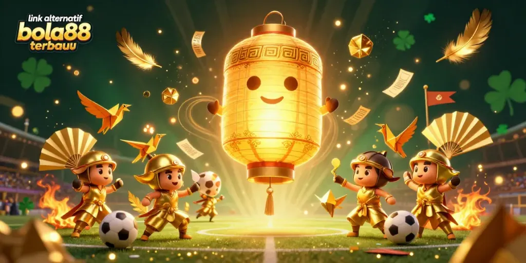 Engaging scene showcasing the link alternatif bola88 terbaru, featuring a golden lantern spirit above a sports arena with vibrant betting elements.