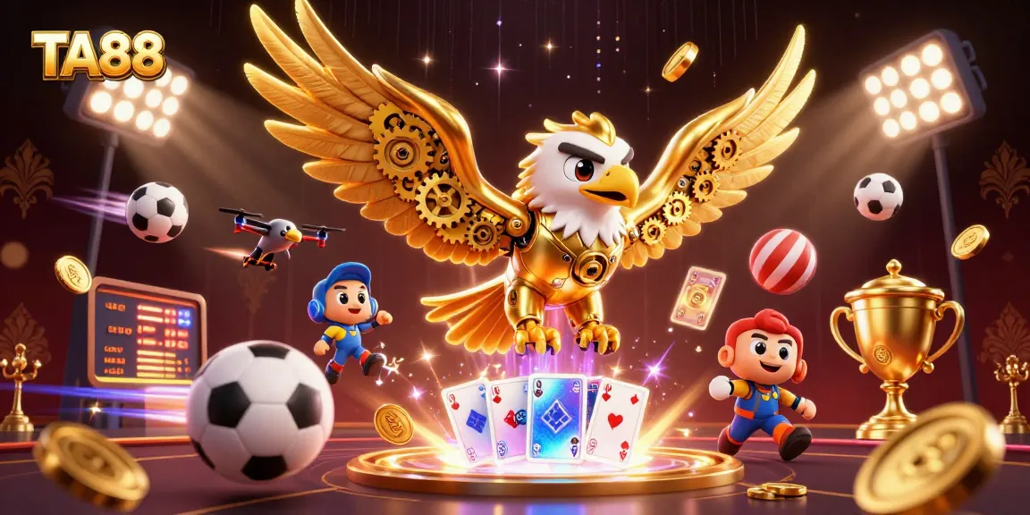 TA88 showcases a dynamic scene with a golden eagle diving among sports elements and holographic cards.