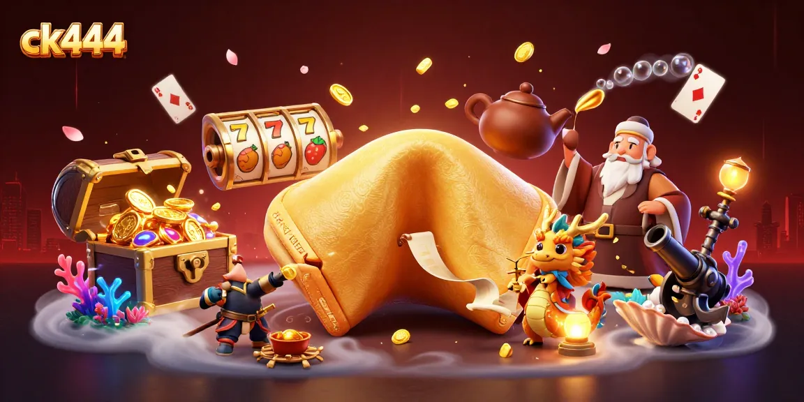 Engage with ck444's vibrant casino adventure featuring a golden fortune cookie and animated characters.