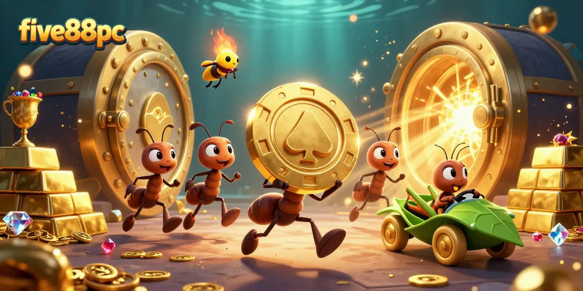Join the five88pc heist adventure with ants carrying a giant poker chip through a vibrant casino tunnel.
