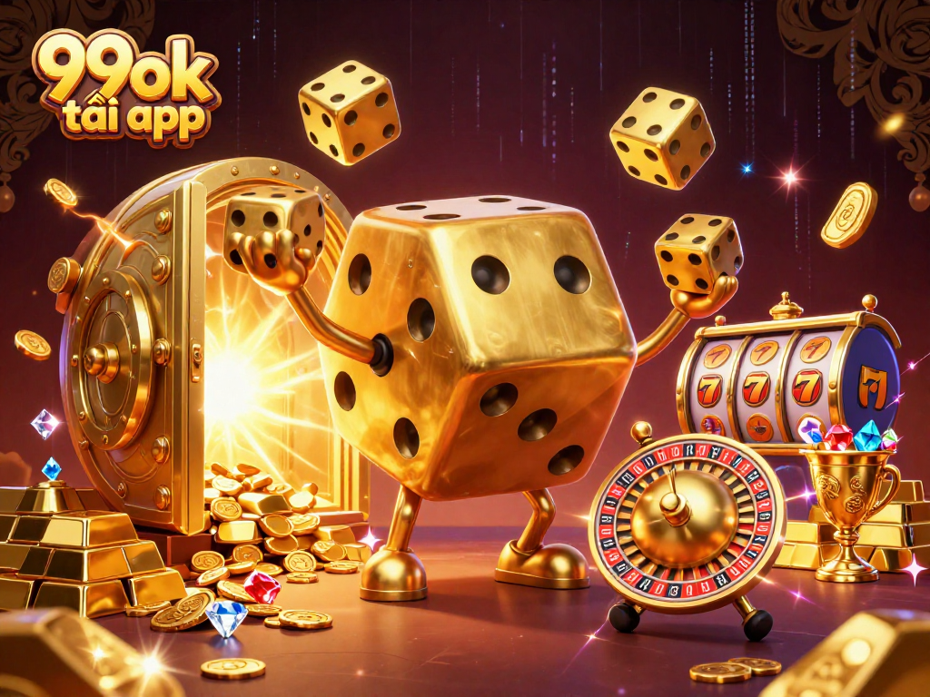 Win exciting bonuses with 99ok tải app featuring a golden dice golem and vibrant casino elements.