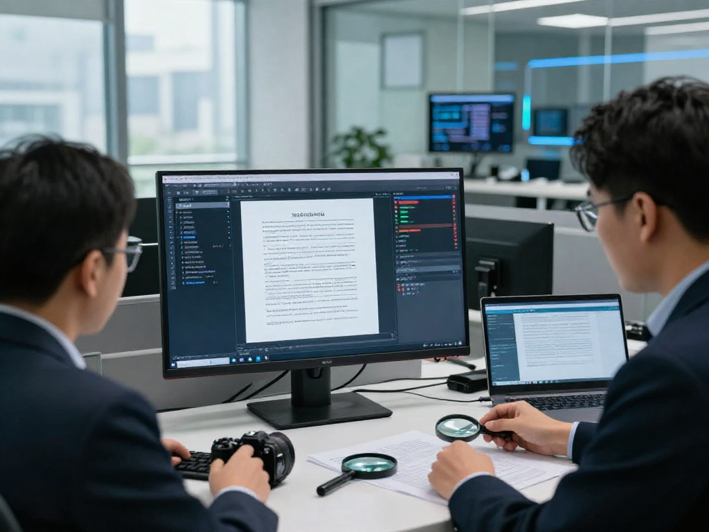 Advanced document fraud detection in a high-tech forensic analysis office with analysts examining suspicious documents.
