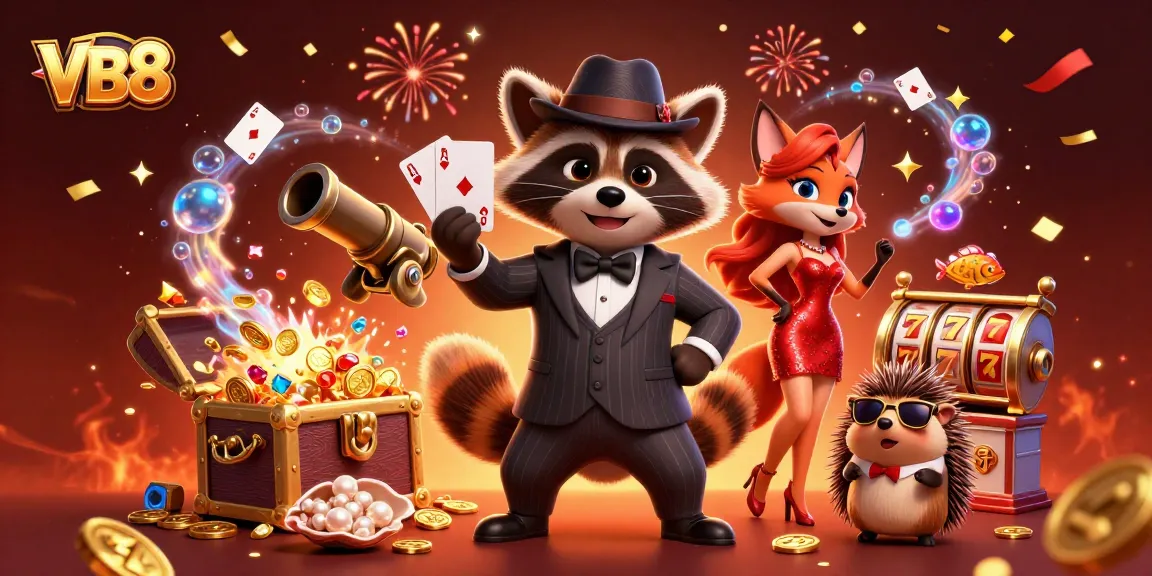 VB8 casino scene featuring a suave raccoon, charming fox, and bouncer, celebrating with games and gold.