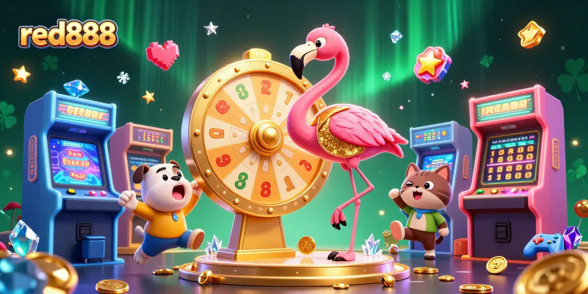Engage with red888's dynamic casino scene featuring a flamingo host, bulldog contestant, and vibrant gaming elements.