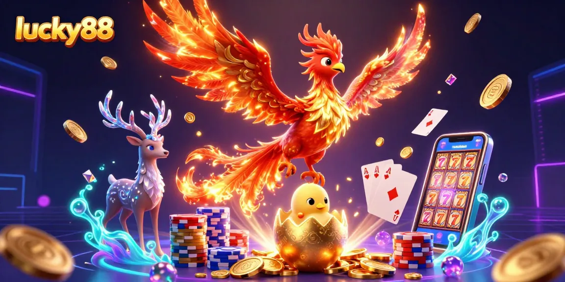 Experience the thrill of lucky88 with a vibrant 3D phoenix, radiant game elements, and cascading treasures.