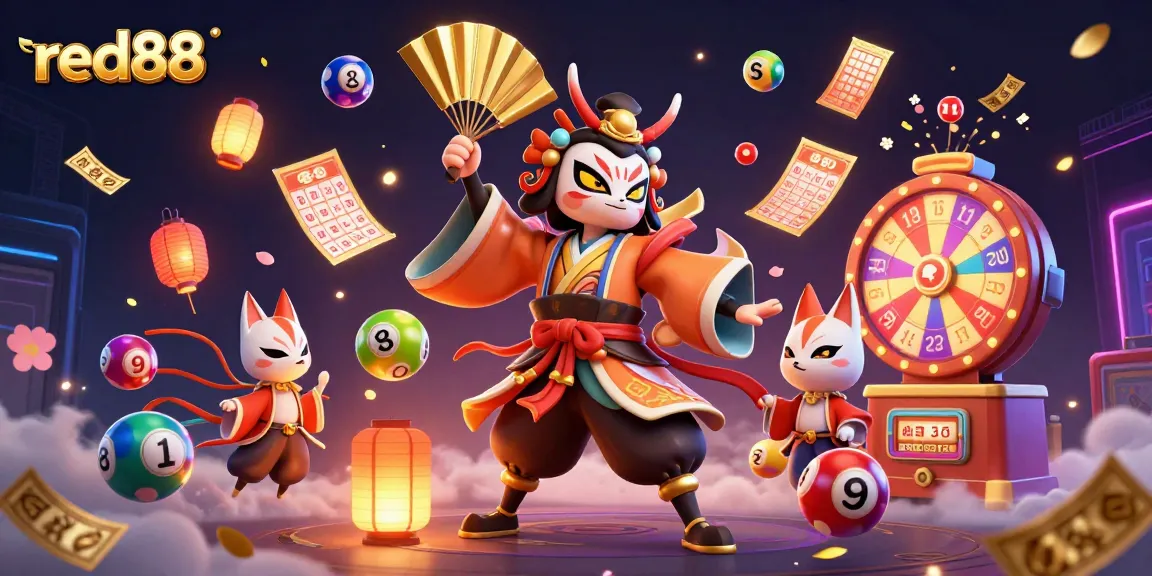 Experience red88's vibrant gameplay with kabuki warriors and lottery excitement in a colorful, dynamic casino scene.