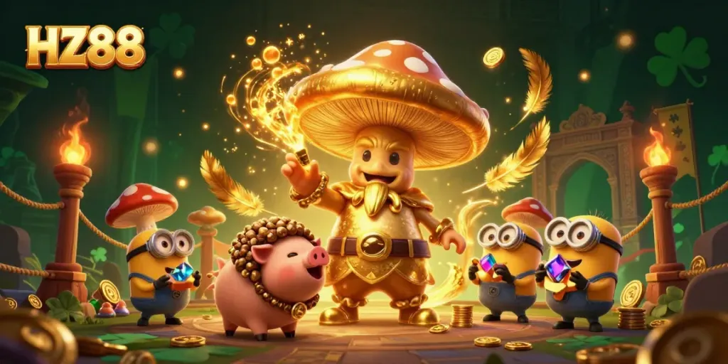 Experience the magic of HZ88 with a golden wizard and treasure-finding pig in vibrant casino-themed illustration.