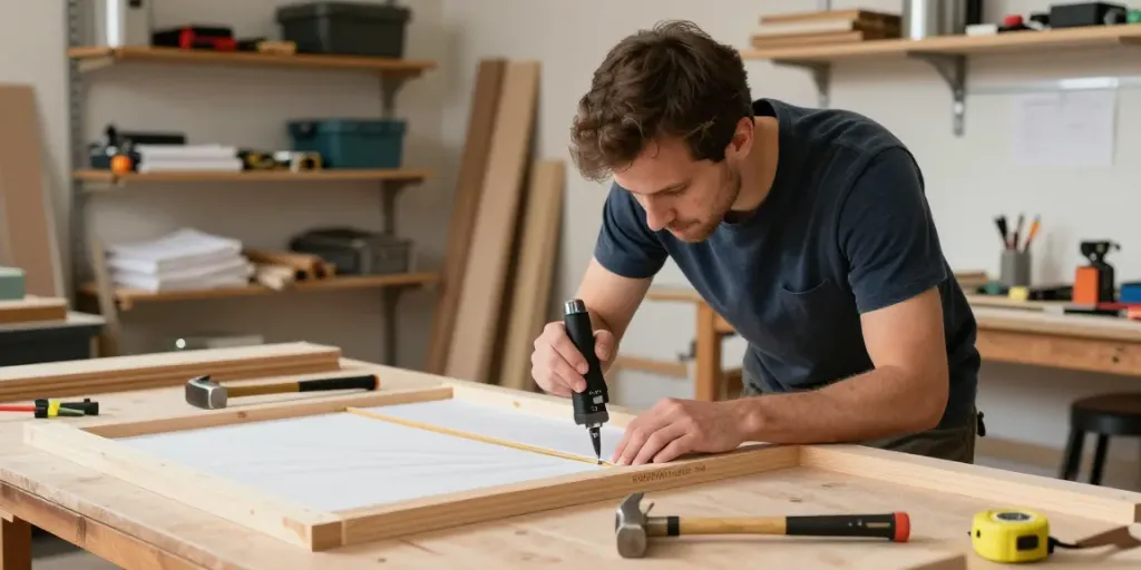 Craftsman utilizza una graffettatrice per fissare tessuto a una cornice di legno in un laboratorio domestico.