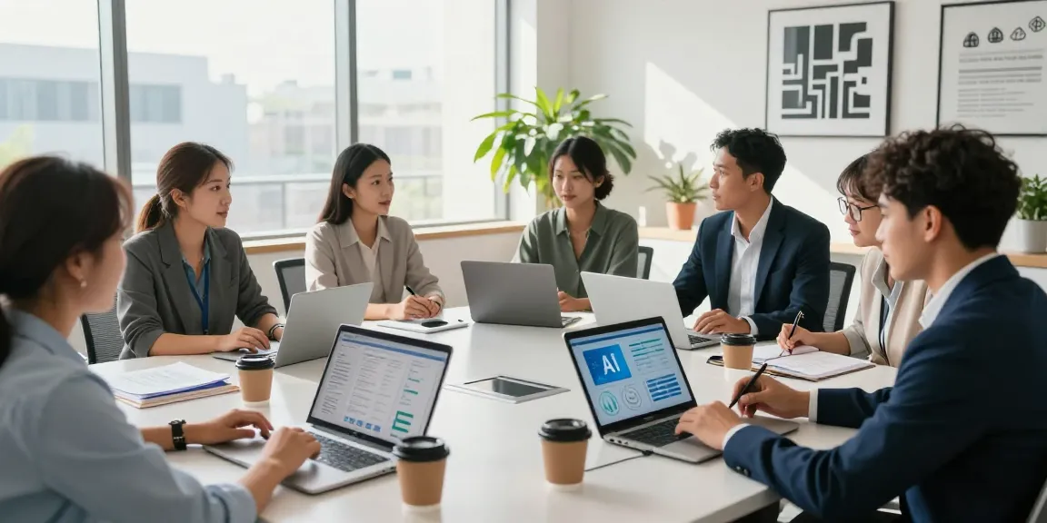 Teams collaborating on AI for business strategies in a modern office environment, showcasing innovation and teamwork.