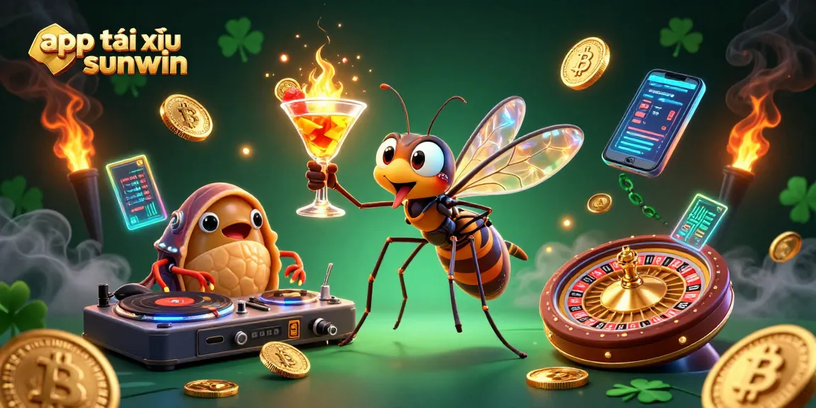 Engage with the app tài xỉu sunwin through vibrant 3D illustration showcasing casino elements, cocktails, and neon crypto.