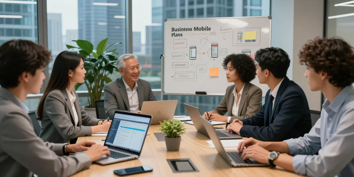 Team discussing unlimited business mobile plans in a modern office, focusing on collaboration and communication.