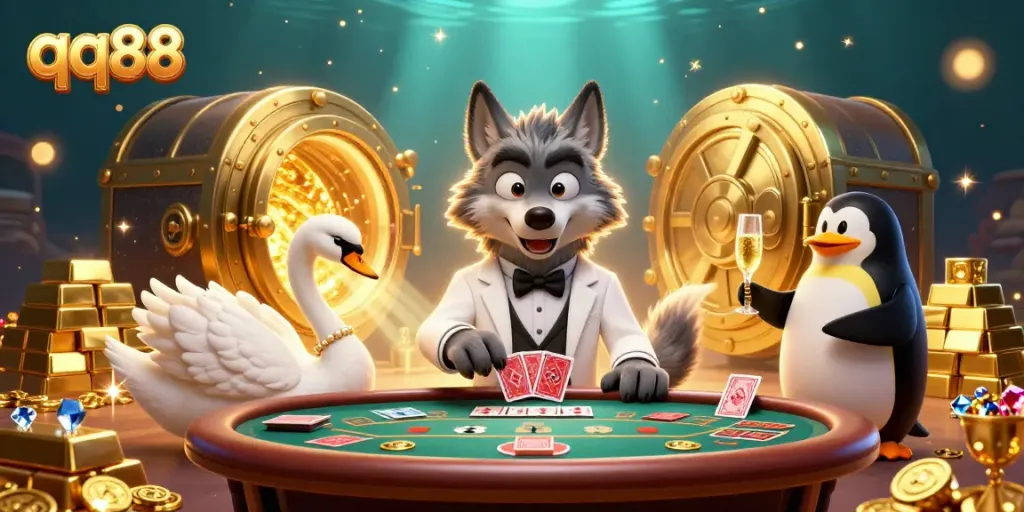 Engage in the excitement of qq88's casino with a thrilling baccarat table scene featuring colorful characters and treasures.