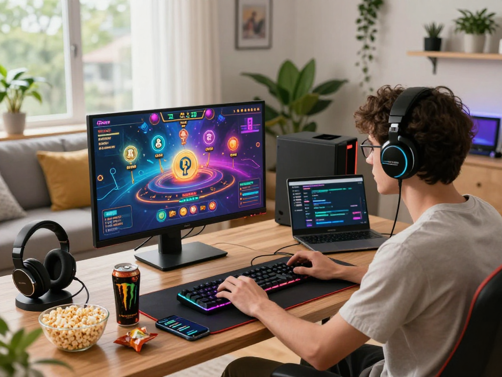 Engaged player enjoying a crypto casino game in a vibrant gaming setup at home.