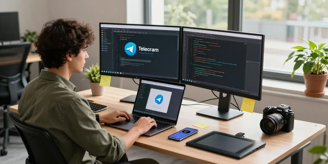 Download Telegram on modern tech workspace with dual monitors and smartphone notifications.