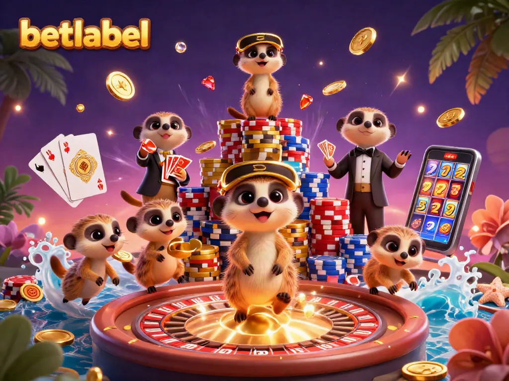 Experience the excitement of Betlabel casino with lively meerkats handling chips and games.