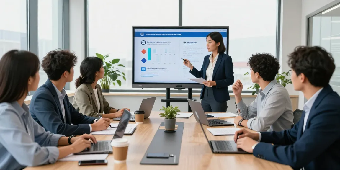 Team collaborating on business mobile contracts UK in a modern office, showcasing vibrant discussions and data presentations.