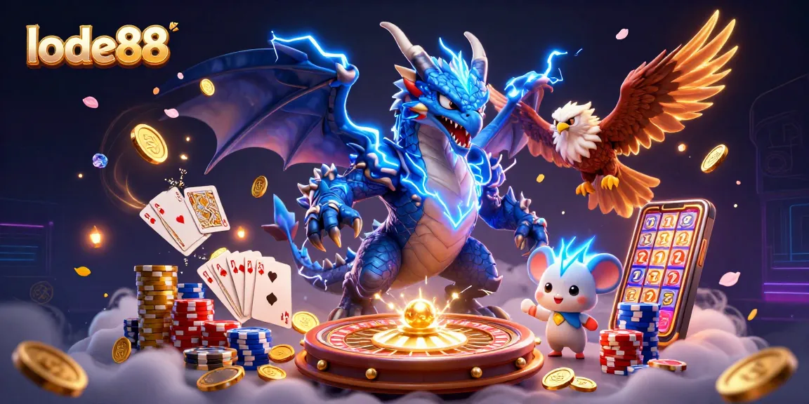 Experience the thrill of lode88 with vibrant casino scenes, explosion of coins, and dynamic characters.