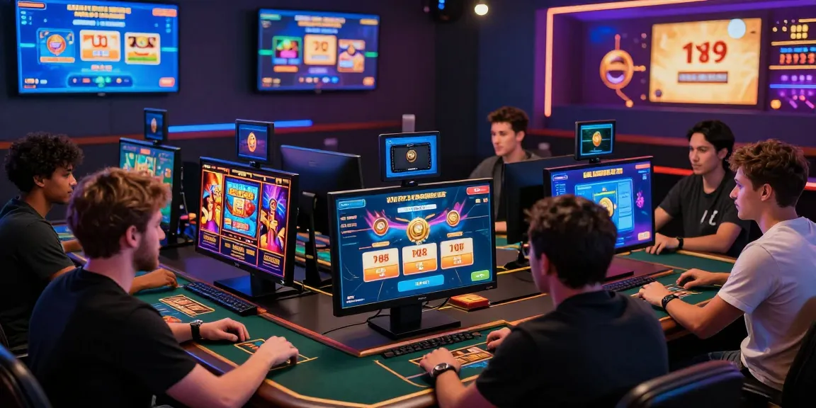 Scena emozionante di giocatori impegnati con giochi di casino non AAMS su piattaforma digitale in un ambiente di gioco vivace.