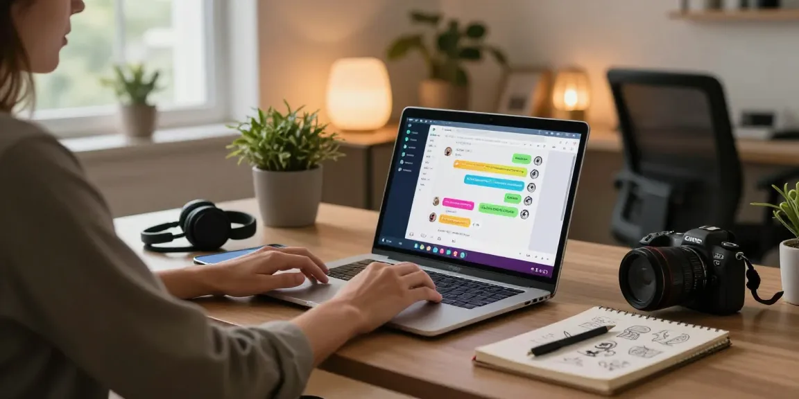 Using WhatsApp電腦版 in a modern home office with vibrant chat interface and tech gadgets.