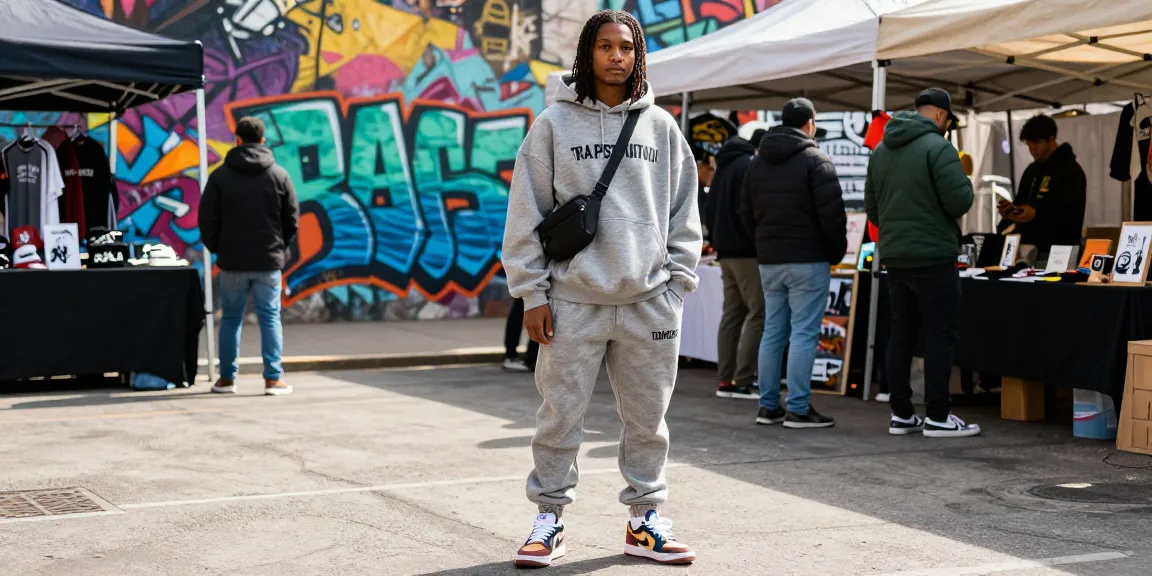Modello alla moda in Trapstar Tuta contro uno sfondo urbano che mostra le tendenze della moda streetwear.