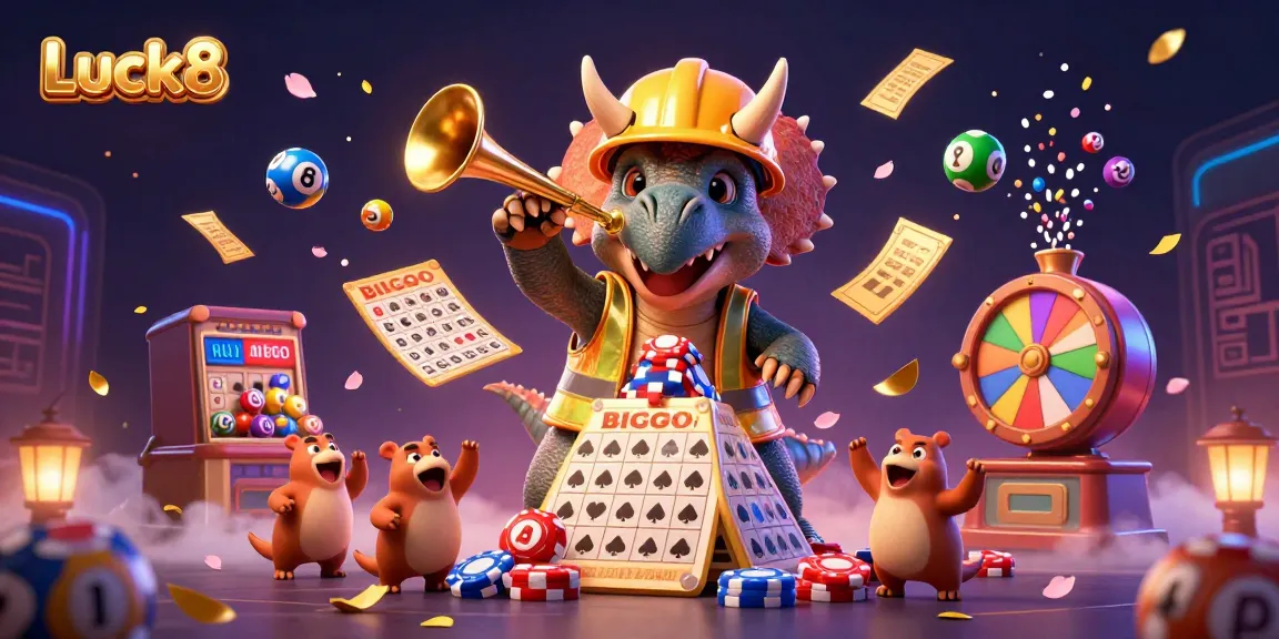 Luck8 showcases a lively 3D scene with a triceratops and friends celebrating over poker chips, embodying fun and excitement.