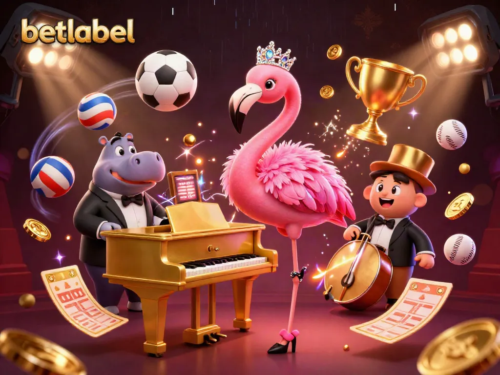 Betlabel Casino showcases a flamingo singer and hippo bassist in a vibrant gaming scene with sports elements.