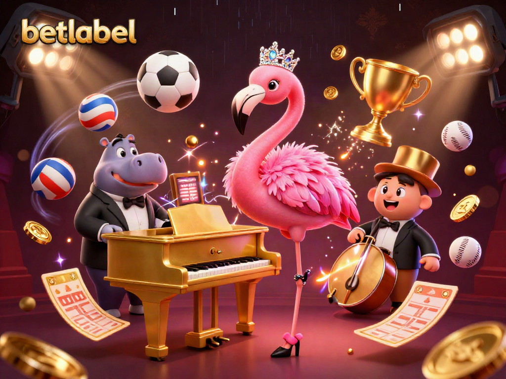 Betlabel Casino showcases a flamingo singer and hippo bassist in a vibrant gaming scene with sports elements.