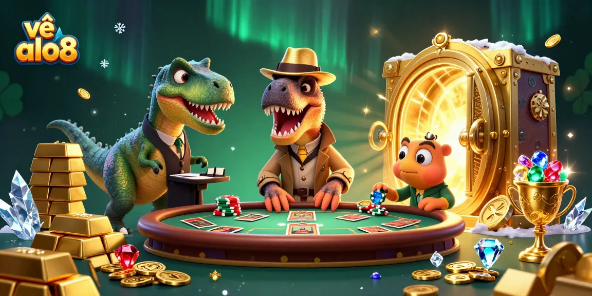 Experience thrilling gaming action with về alo8 featuring cartoon dinosaurs at a blackjack table.
