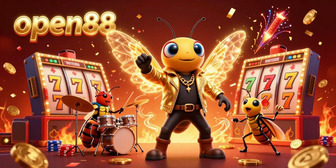 Experience the excitement of open88 with a lively casino-themed scene featuring a rock star cicada and vibrant game elements.