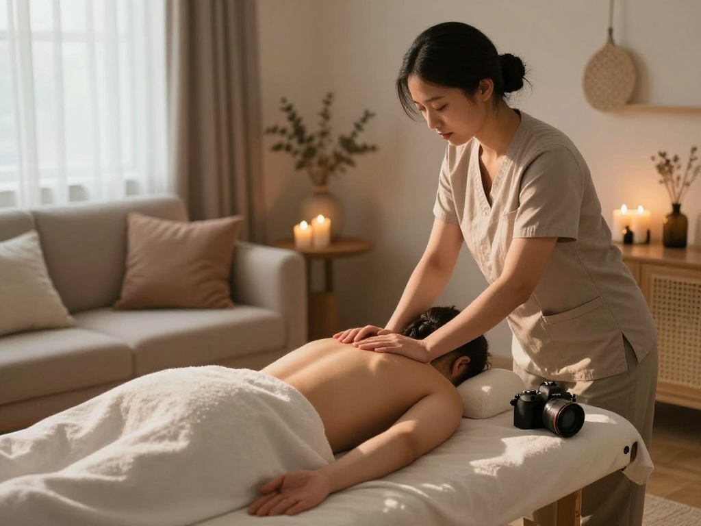 안산출장안마 with a professional therapist preparing massage oils in a cozy home setting, creating a serene environment.